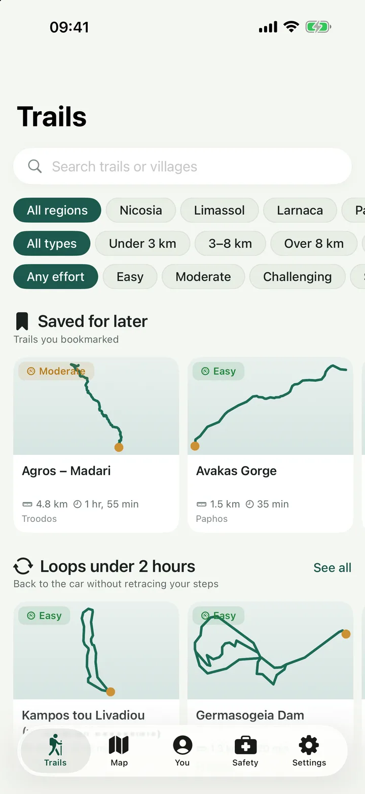 The Cyprus Trails app showing the Trails screen